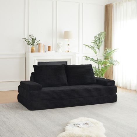 Diván cama modular de terciopelo acanalado 211,5 cm con 2 respaldos triangulares negro OKWISH (1/5)