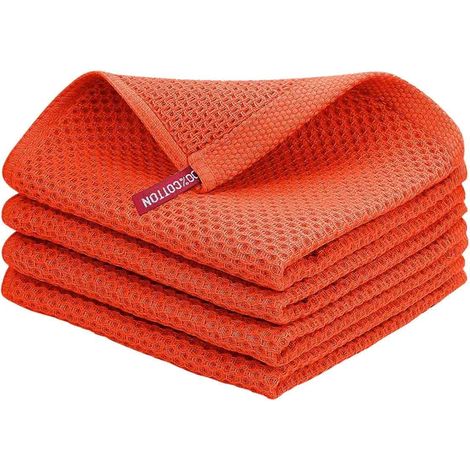 Lot de 4 torchons de cuisine en coton gaufré, ultra-doux, absorbants et à séchage rapide, 34 x 34 cm, couleur orange. (1/5)