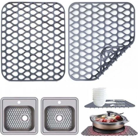 Lot de 2 tapis d'évier en silicone - Dimensions : 35 x 29 cm - Avec ouvertures d'écoulement - Gris (1/5)