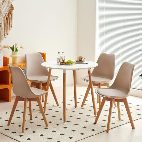 Runder Esstisch mit 4 Stühlen, 80cm Küchentischgruppe, weiß/khaki (1/5)