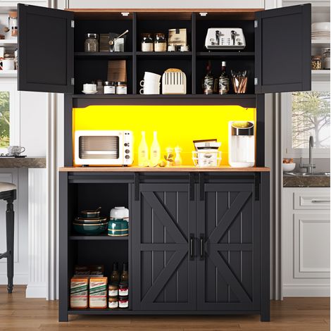 MODFU – Mueble alto de cocina 115x40x174,7 cm de MDF negro con LED app, puertas correderas y múltiples compartimentos – Negro (1/5)