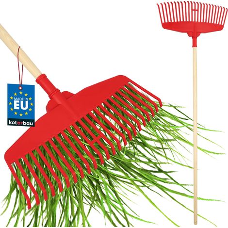 KOTARBAU® Rateau À Feuilles - Plastique - 48 cm -  avec Manche en Bois - Extra-Click - Rateau Jardin - Ramasse Feuilles - Léger - Rouge & Bois Verni - Ergonomique (1/5)