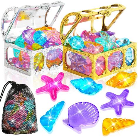 38 Pieces Pool Toys Set, 36 Diving Stones for Kids, Colorful Diving Stones, Different Crystal Stones with 2 Pirate Treasure Boxes, Mesh Bag for Boys and (1/5)