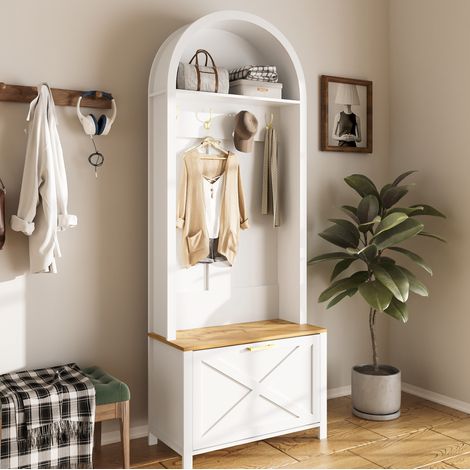 Appendiabiti guardaroba in MDF bianco e legno con vano scarpe e ripiano, 75 x 35 x 195 cm, mobile da ingresso salvaspazio (1/5)