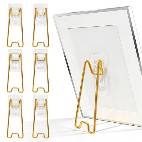 Bilderrahmenständer, 6-teiliges Set aus Metall-Bilderrahmenhaltern mit Aufklebern, Staffelei-Bilderrahmenständer aus Eisen für Wohnzimmer, Büro, Studio, Gold (1/5)