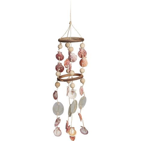 Relaxdays Windspiel mit Muscheln, maritimes Holz Klangspiel für Balkon, Garten, Strand-Deko, Capiz Mobile, 75 cm, natur