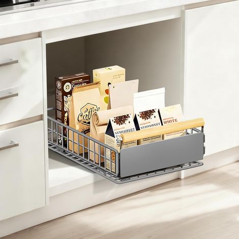 Tiroir armoire coulissante en métal organiseur avec poignée étagère, Tiroir extensible pour cuisine, sans perçage, jusqu'à 25 kg, organisateur de tiroir pour armoires profondes, 39,5 x 23,5 x 11cm (1/5)