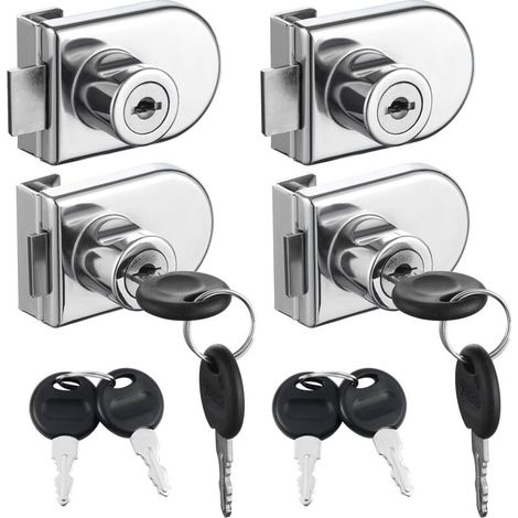 Juego de 4 cerraduras de seguridad de doble apertura para vitrinas, aptas para puertas de cristal de 0,5 a 0,8 cm de grosor, llaves individuales, no requieren perforación, aleación de zinc con 8 llave