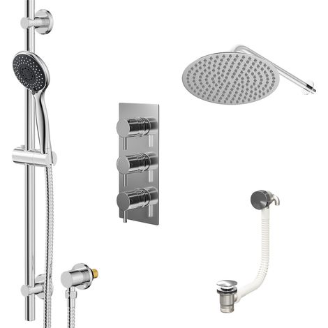Circo Polished Chrome Concealed Triple Thermostatic Shower Valve with Diverter and 300mm Round Head with 345mm Wall Arm and Clyde Slide Rail Kit with Free-Flow Bath Filler - 3 Outlet (1/5)