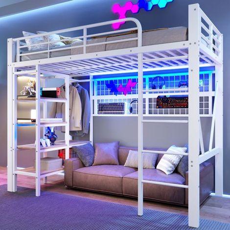 Lit mezzanine - SOGEU - 90 x 200 cm - Cadre en fer - LED intégrée réglable - Rangement et barre de penderie (1/5)