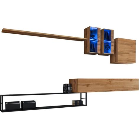Ensemble meuble TV mural Switch Met I avec étagères métal et vitrine LED - Bois MDF noir et chêne Wotan - 330 x 180 x 40 cm - Livraison gratuite (1/5)