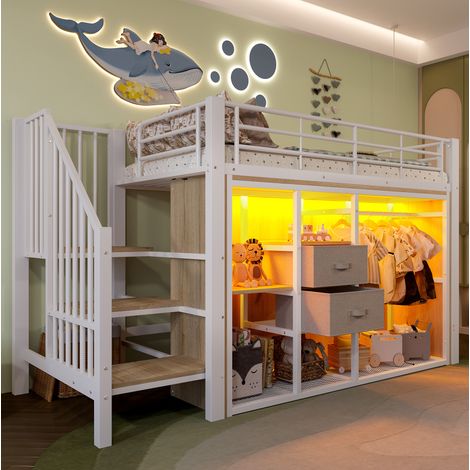 Cama alta 90x200 con cajones, armario y LED OKMYHOME (1/5)