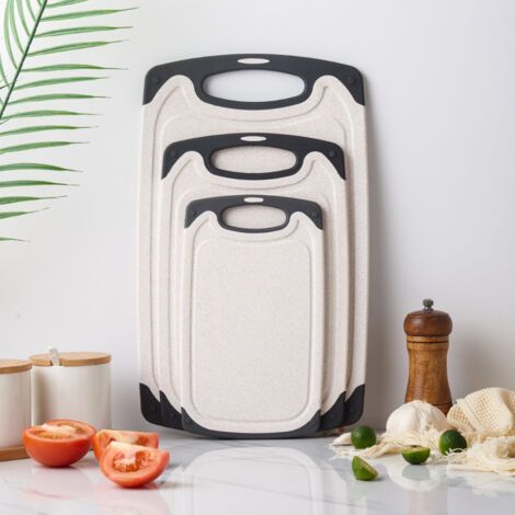 Ensemble de 3 planches à découper avec rainures à jus – compatibles lave-vaisselle et antidérapantes, couleur paille de blé beige – sans BPA – (1/3)