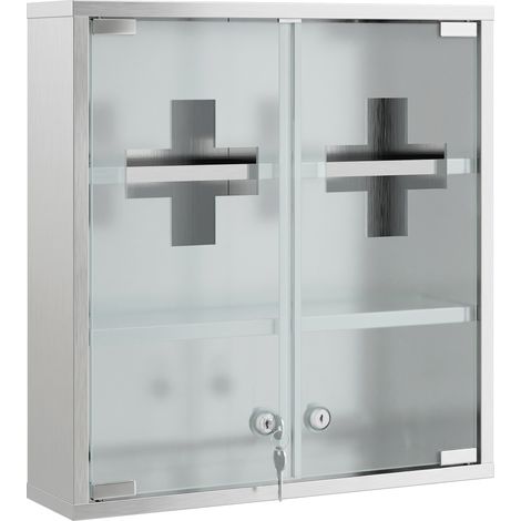 Armoire à pharmacie murale avec portes en verre verrouillables - 46 x 12 x 48 cm, argenté - 2 clés et étagères de rangement - Pour salle de bain toilette - Rangement sécurisé design (1/5)