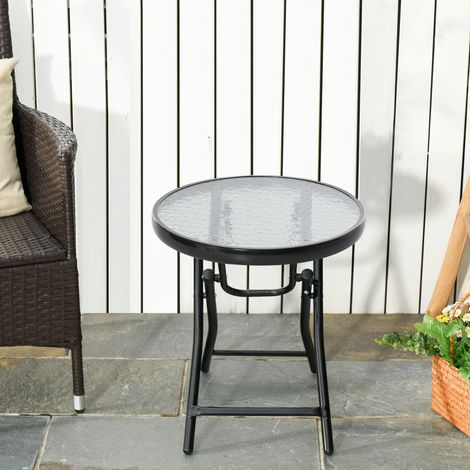 Table basse ronde Noir bistro jardin Ø pliable métal plateau verre trempé 45x50 cm