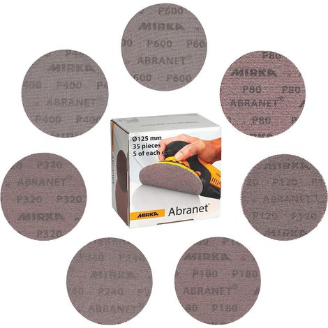 Mirka Abranet - dischi abrasivi a rete, Ø 125 mm, confezione da 5 pezzi di ogni grana 80, 120, 180, 240, 320, 400, 600/35 pezzi/per tutte le levigatrici orbitali e le smerigliatrici da 125 mm