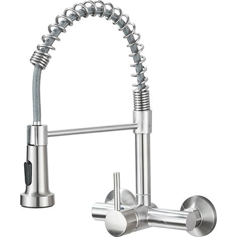 Wall-Mounted Kitchen Tap with Flexible Spout, Sink Mixer Tap with 2 Jet Types, Hot and Cold Water Taps, 360° Rotating, Removable Aerator, Brushed (1/5)