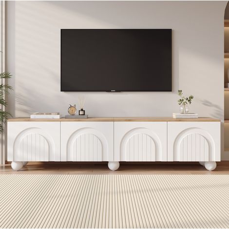 Mueble TV (180x40x45 cm), 4 puertas, diseño de ranuras curvadas, 6 patas metálicas, MDF, blanco y roble (1/5)