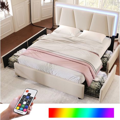 Lit coffre 160x200 cm en bois beige avec LED et 4 tiroirs, gain de place, sans matelas – MEUBLIV (1/5)