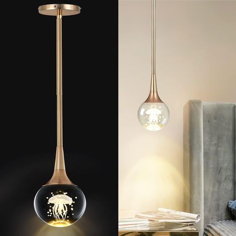 Ganeed Modern Pendant Lighting, 1-Light Metal Rod Pendant Light, 5W Mini LED Penant Light with Crystal Jellyfish, Globe Teardrop Hanging Light Fixture for Kitchen Island Bedroom Bar, 3200K/Gold