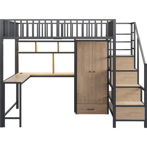Metall-Hochbett 140 x 200 cm mit Schreibtisch, Regalen, Schrank und Schubladen, schwarz (1/5)