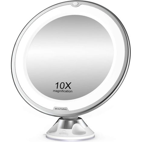 Vergrößerungs-Make-up-Spiegel 10x mit LED-Leuchten, 1 Kugelgelenk zur verstellbaren 360°-Befestigung, tragbarer Kosmetikspiegel für Badezimmer, Reise (1/5)