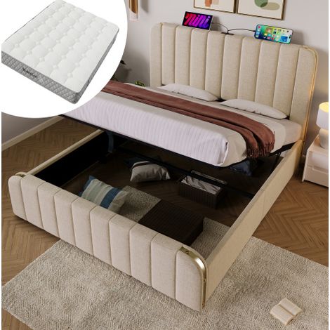 Bett Polsterbett mit Stauraum 180x200 cm in Beige, dekoratives Kopfteil, USB/Type-C, Lattenrost und Matratze inklusive