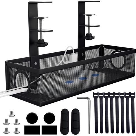 EASYCOMFORT Plateau de gestion des câbles sous bureau en acier, organiseur sans perçage avec pince, rangement câbles noir pour maison et bureau (1/5)