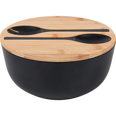 Ensemble de saladier et cuillère - Grand saladier de 25 cm en bambou massif avec couvercle et cuillère en bambou pour fruits, salades et décoration (Bla (1/5)
