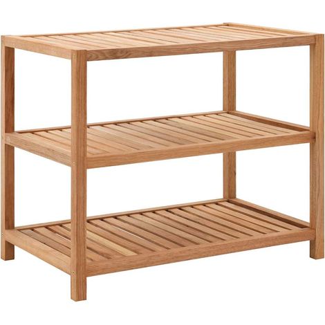 Étagère de salle de bain en bois massif de noyer – 3 étagères, design à lattes aérées, rangement mural robuste 65 x 40 x 55 cm, couleur naturelle (1/5)