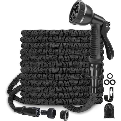 Tuyau d'Arrosage Extensible 30 m, Garden Hose Flexible avec Noyau en Latex Haute Densité et Gaine en Tissu 1100D, 8 Modes Adaptateurs 1/2" et 3/4", Ultra Léger, Noir (1/5)
