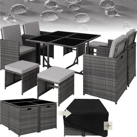Salon de jardin 4 à 8 personnes anti UV avec housse protection gris