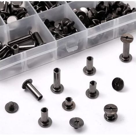 (Noir)1 Ensemble Chicago Vis Assortiment Kit 6 Tailles Vis à Tête Croix Ronde en Métal Post Chicago Vis Bouton pour DIY Reliure de Décoration en Cuir (1/4)