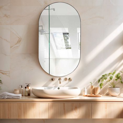 Miroir de Salle de Bain, Miroir de Maquillage, 40x60 cm,Miroir Ovale avec Cadre, Mural et Rotatif - Noir (1/5)