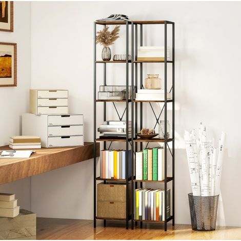 Bibliothèque en bois marron rustique, 6 étagères, 30 x 30 x 174,5 cm, lot de 2 (1/4)