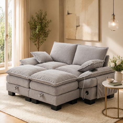 Divano a 2 posti 190x132x84 cm, con 2 pouf, ampia seduta ergonomica, USB-C, tasche laterali, tessuto in corduroy grigio chiaro (1/5)