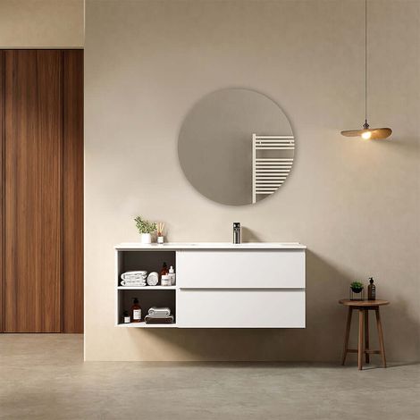 Mobile bagno sospeso 120 cm Bianco Lavabo a Destra in Ceramica Specchio Tondo - Fiji Paint Plus (1/4)