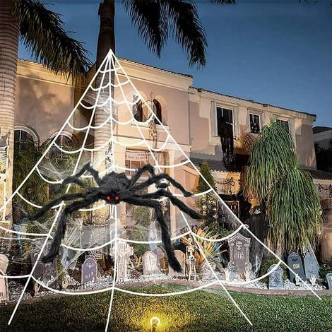 Toile d'araignée géante Halloween extérieur, 200cm toile triangulaire avec araignée 35cm, 20 petites araignées incluses, décoration effrayante intérieur extérieur, lot d'araignées pour maison hantée (1/5)