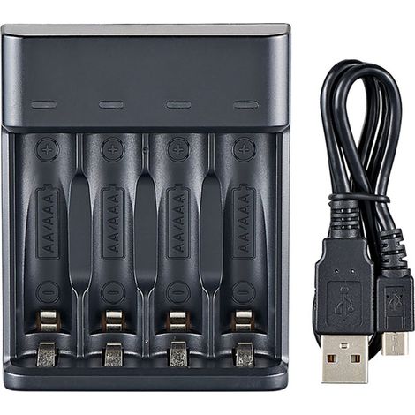 Intelligentes Ladegerät mit vier Steckplätzen für AA/AAA NiMH-Akkus, kompatibel mit Schnelllade- und Plug-and-Play-USB-Ladestationen.