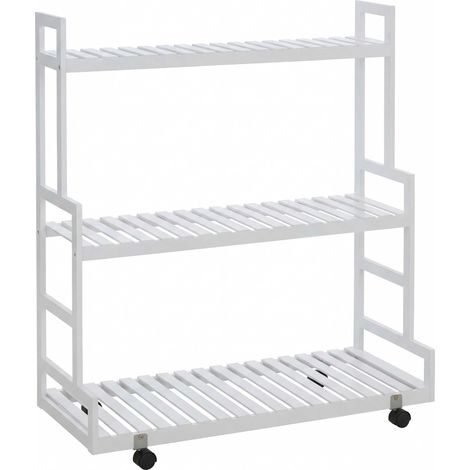 Bambus Pflanzenregal HHG-372, Blumentreppe Blumenständer Pflanzentreppe, 3 Ablagen Rollen 105x90x38cm weiß