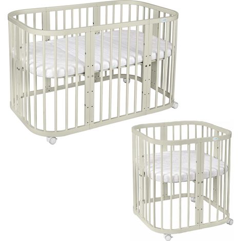 Waldin Lit bébé en bois 7en1, matelas, lit qui grandit avec l'enfant:Sans ensemble de tissus, Bois olive
