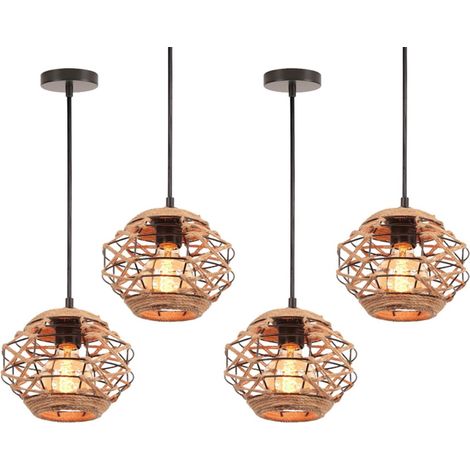 Lustre Suspension Vintage - IDEGU - Lot de 4 - Métal et Corde de Chanvre - Noir