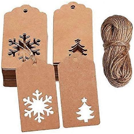 100 étiquettes cadeaux en papier kraft, motif sapin de Noël et flocon de neige, avec 10 mètres de ficelle pour Noël, mariage et anniversaire.