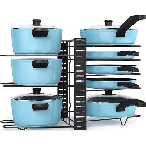 rangement casserole avec 8 Compartiments Réglables, avec couvercle, dans placard, rangement cuisine assiette, support pour poele. (1/5)