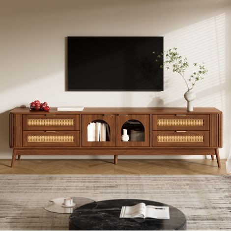 Mueble TV (180x40x50 cm), con 4 cajones y 2 puertas de vidrio de seguridad curvo, LED, aglomerado, nogal (1/5)