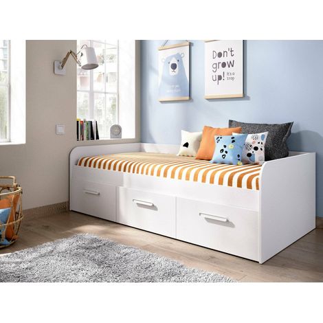 Dmora - Cama infantil Adamello, Cama contenedor para dormitorio, Estructura para cama individual con 3 cajones, 194x97h60 cm, Blanco (1/5)