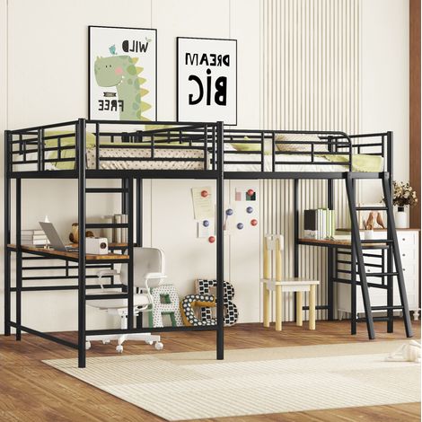 Cama alta 90x200 cm de MDF y metal negra con escritorio, escalera doble y barandilla alta (1/5)