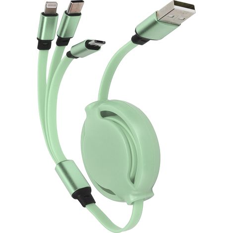 Câble de charge rétractable 3 en 1 avec connecteurs Type-C, Lightning et Micro USB, vert matcha, 3A rapide