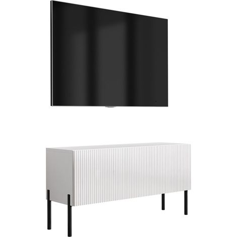 Meuble TV avec façade rainurée, blanc mat, pieds droits noirs, 100 × 32 × 52 cm (1/5)