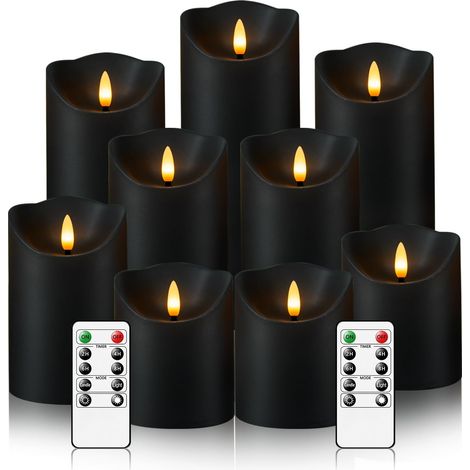 Bougies sans flamme avec télécommande, bougies sans flamme vacillantes à piles, bougies LED avec minuterie 2/4/6/8 h, ensemble de 9 bougies LED réalistes (D3 x H 3" 4" 5" 6" 7") (noir) (1/5)